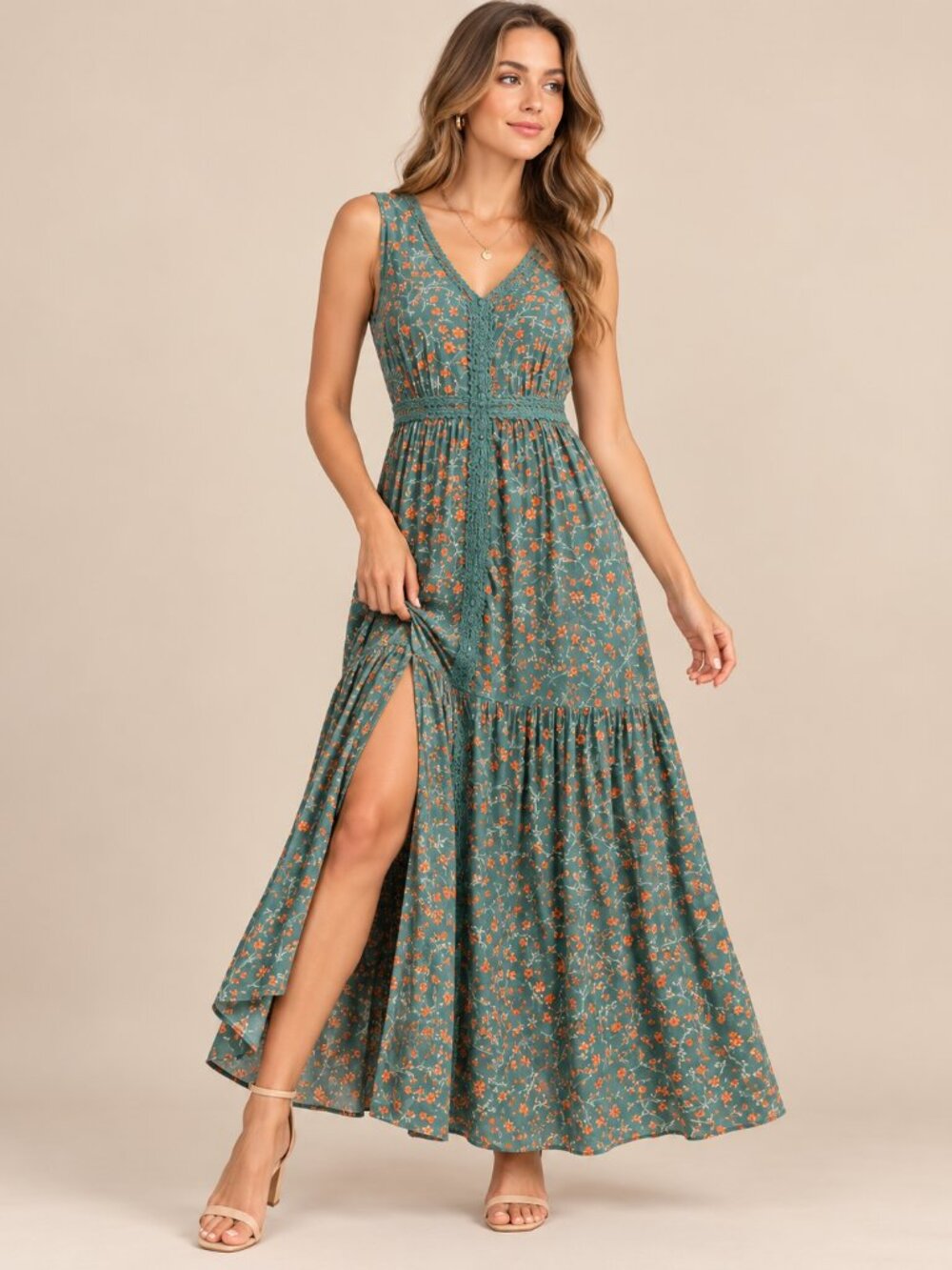 166- Rusty Dusty Green Floral Sleeveless Lace V-Neck Bohemian Maxi Dress